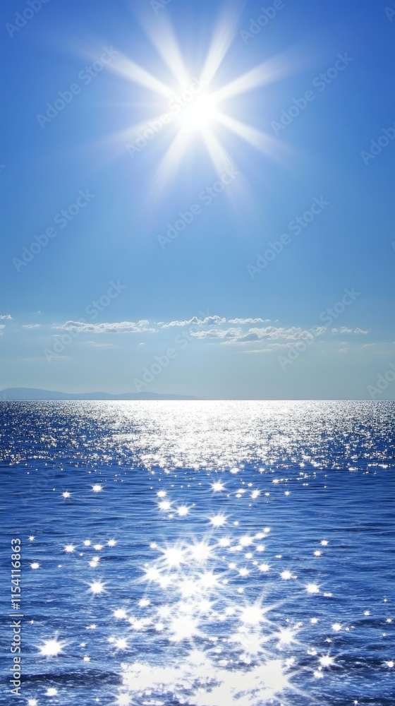 Poster bright sunlight reflects on tranquil ocean waters during a clear day, creating a mesmerizing display