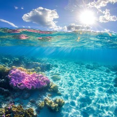 Fototapeta premium Bright Coral Reef Underwater With Sunlight Streaming Through Clear Water in a Tropical Location