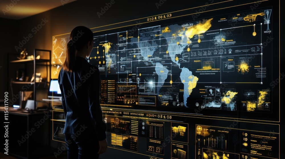 Poster global data visualization: a woman analyzing complex information on a futuristic interface