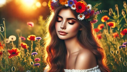 Obraz premium A serene young woman with long, wavy brown hair, eyes closed, wearing a colorful flower crown made of wildflowers