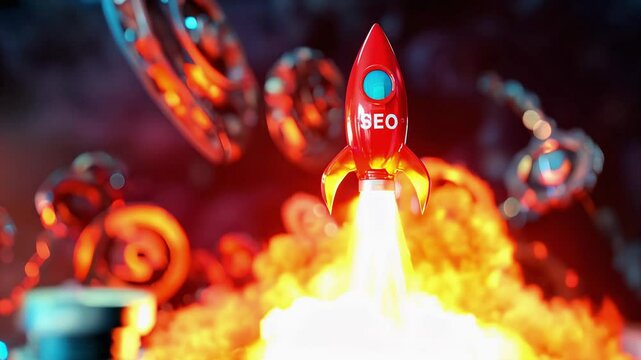 SEO sign on Red rocket launching and flying among gears. Concept of Search Engines Optimization success, Digital marketing automatization using AI, business growth.