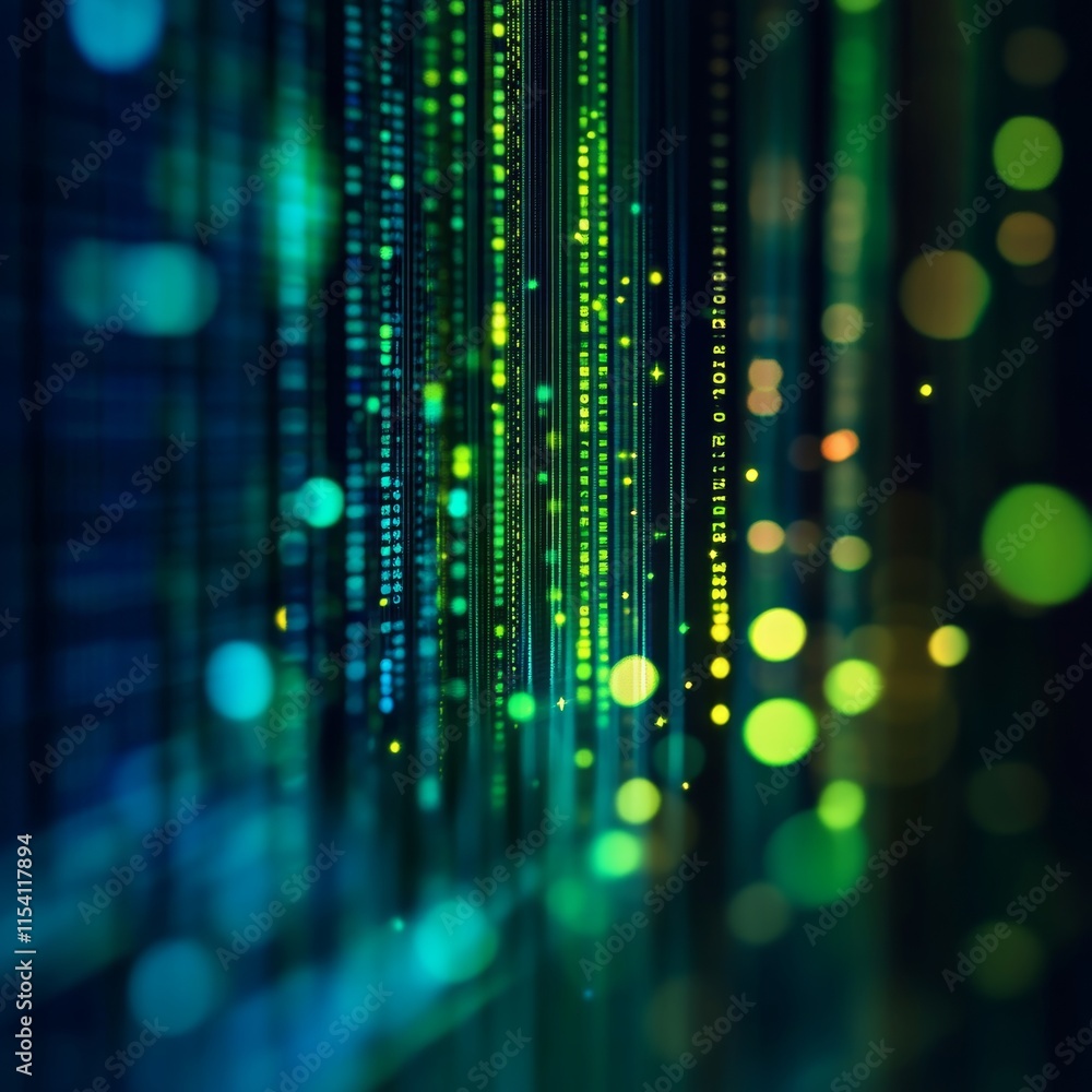 Poster vibrant display of abstract digital lights in green and blue colors creating an illusion of depth an