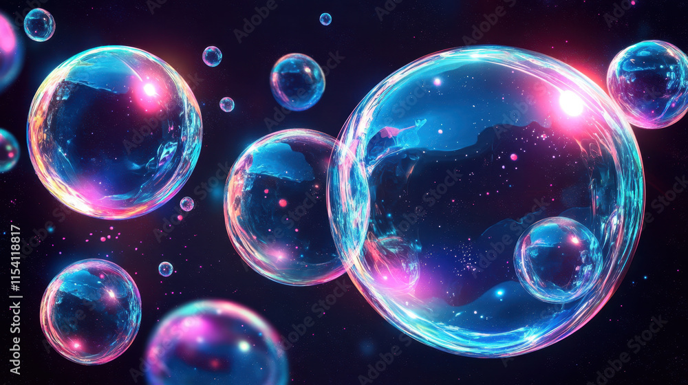 Poster bubbles in shades of pink and blue float gracefully against a dark backdrop, creating a mesmerizing 