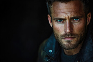 Obraz premium Close-up portrait of a man with intense blue eyes and a serious expression, against a dark background.