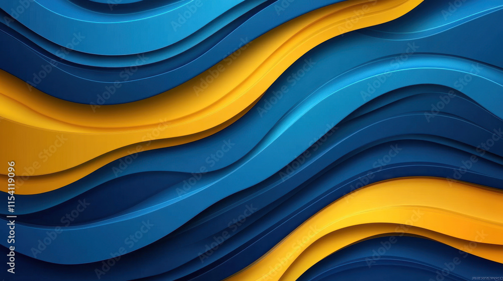 Poster bright and dynamic wavy lines in various shades of blue and yellow seamlessly blend to create an eng