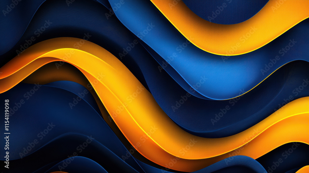 Poster curved lines in bold yellow contrast against deep blue, creating a vivid abstract design. the dynami