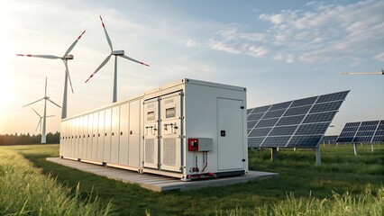 Modern Battery Energy Storage System Renewable Energy with Wind Turbines and Solar Panels in Green Grass Fields