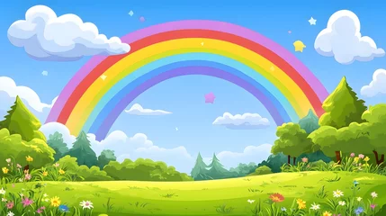 Selbstklebende Fototapeten A colorful rainbow over a peaceful landscape symbolizing hope and renewal after a storm © Tonadech