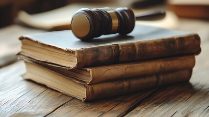 Gavel rests on aged law books on wooden surface