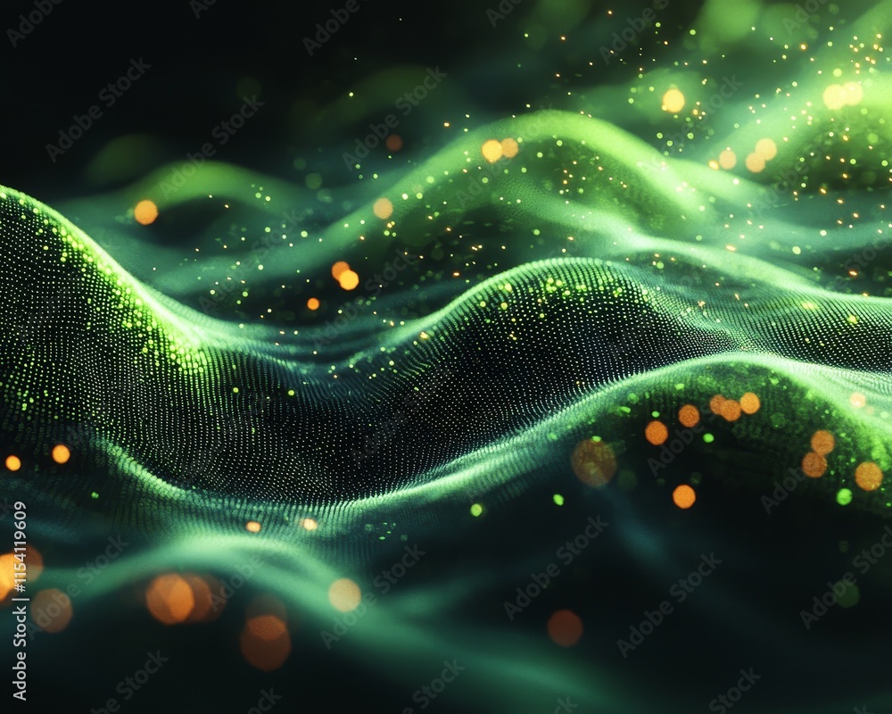 Poster dynamic green and gold waves create an abstract visual representation of energy and motion with glow