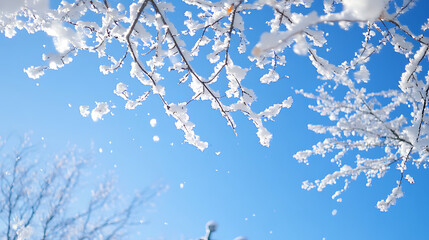 Snow-Covered Branches Against a Clear Blue Winter Sky - Generated AI