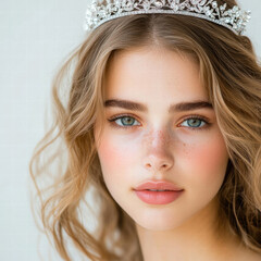 Obraz premium young woman with wavy hair and tiara, showcasing natural beauty and elegance. Her clear skin and expressive eyes create captivating look