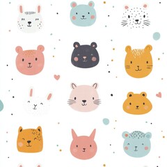 Colorful and playful animal faces pattern suitable for childrens decor and designs featuring various cute animal illustrations. Generative AI