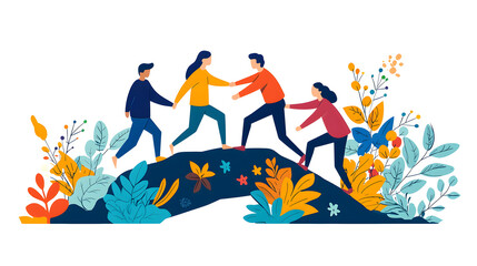 Friends helping each other climb hill, showcasing teamwork and support