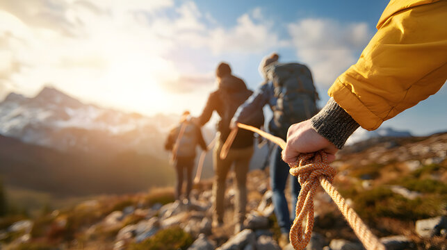 Friends helping each other climb hill, showcasing teamwork and adventure