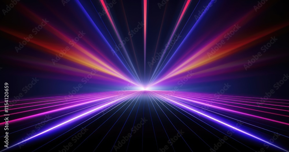 Poster a vibrant, futuristic scene with colorful light rays converging towards a central point.