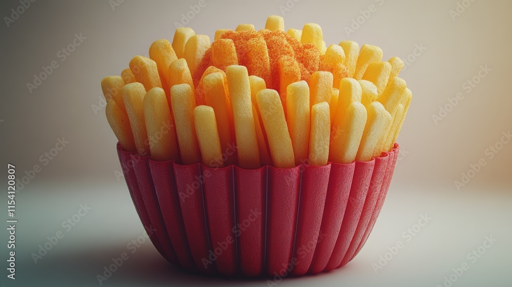 Poster A whimsical take on fast food, this image showcases french fries arranged in a cupcake liner, sprinkled with seasoning, creating a playful and unexpected culinary concept.