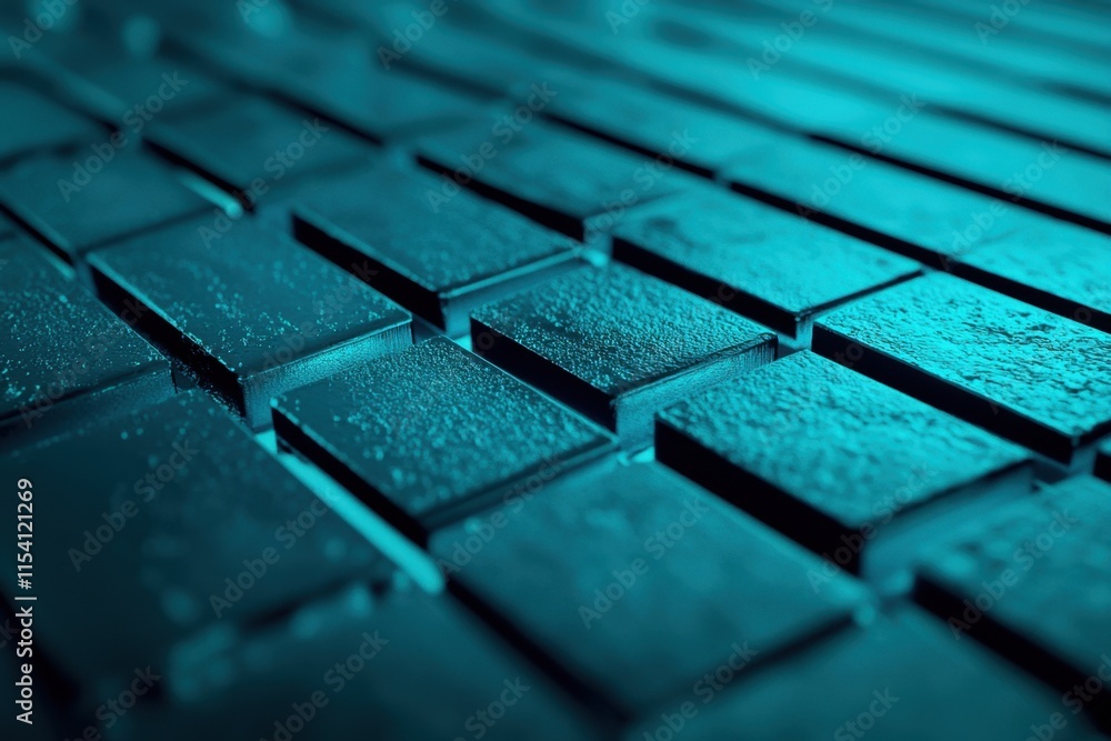 Poster abstract textured surface with glossy 3d blocks and vibrant cyan light