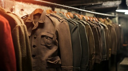Vintage Military Jackets Displayed Neatly on Hangers in a Dimly Lit Room Evoking Historical Significance and Timeless Fashion Trends of the Past