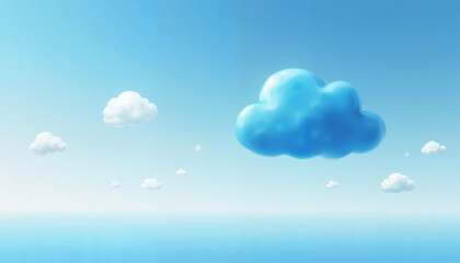 Cartoon blue cloud among white fluffy clouds on bright sky background, Blue Monday