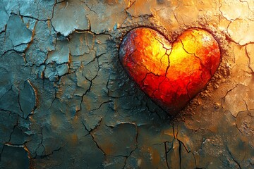 heart shaped Earth illustrates vivid contrast between vibrant life filled landscapes and cracked polluted terrain seeping oil. Surreal colors enhance emotional message.