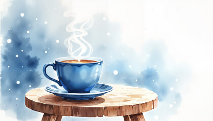 Blue cup of steaming coffee on wooden table with snowy background, Blue Monday