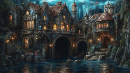 Enchanting cliffside castle at night with glowing windows and figures.
