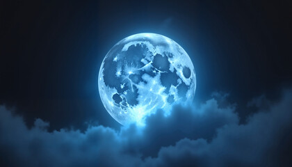 Fototapeta premium Bright blue full moon shining through cloudy night sky