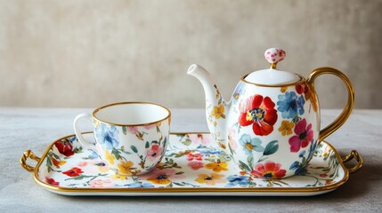 Fototapeta premium Floral teapot and teacup set on tray.
