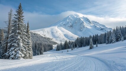 Fresh Snow on White Mountain Slope - Serene winter landscape, snow-covered mountain, pristine ski trails, majestic pines, winter wonderland.