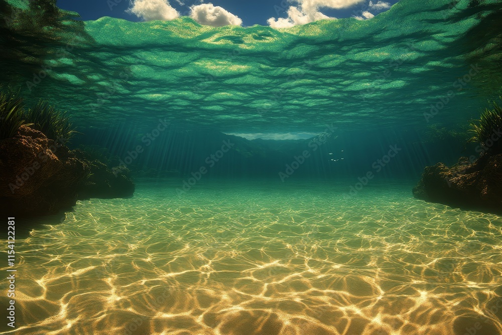Poster crystal clear underwater view of sandy bottom and textured surface, showcasing sunlight filtering th