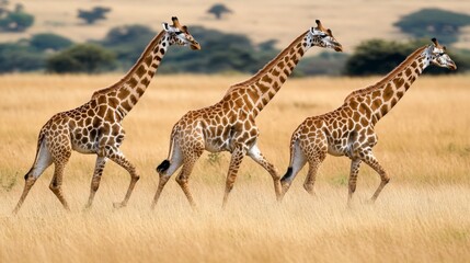 Obraz premium A Group of Majestic Giraffes Walking Through a Golden Savanna Grassland Under a Clear Blue Sky in Africa, Captivating Wildlife Scene