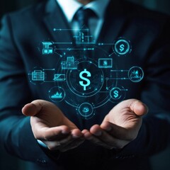 Obraz premium Financial Technology and digital banking Concept. Businessman presents digital banking and financial technology icons, currency symbols, emphasizing modern online payment systems and e-commerce.