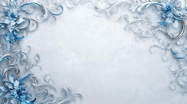 Elegant blue and silver ornamental floral border on a textured white background, perfect for invitations and decorative designs.