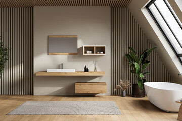 Modern loft bathroom interior with vanity, white bathtub, interior plants and parquet floor.