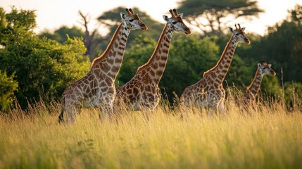 A Majestic Group of Giraffes Gracefully Walking Through Tall Grass in a Scenic African Landscape Under the Soft Glow of the Setting Sun