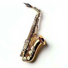A vibrant golden saxophone on a white isolated background, showcasing its intricate key design and smooth curves, perfect for music enthusiasts.