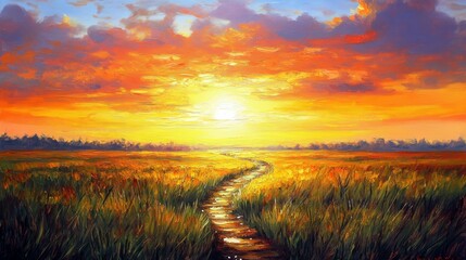 Sunrise Path Through Golden Fields