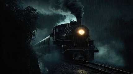 A black steam train with yellow lights is moving through the dark night, surrounded by fog and smoke.