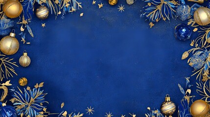 Fototapeta premium Decorative Blue and Gold Holiday Background Featuring Festive Ornaments and Floral Designs for Seasonal Celebrations and Events