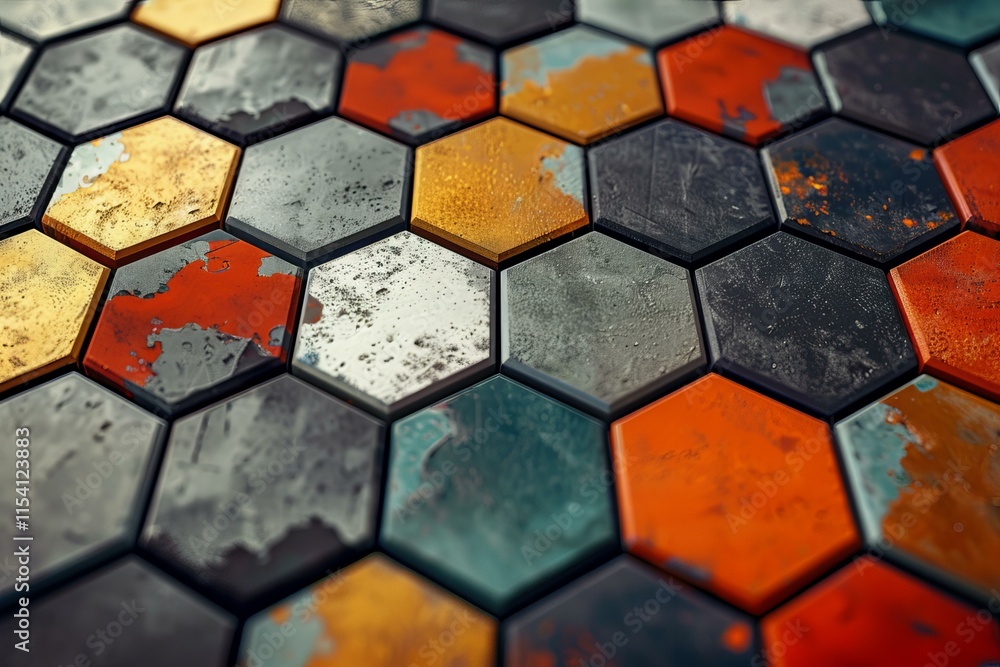Poster metallic hexagonal tiles in various colors creating a modern and textured background, suitable for d