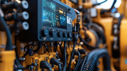 Fototapeta premium An array of sensors strategically installed on heavy machinery with detailed wiring harnesses visible while a digital display showcases realtime equipment data.