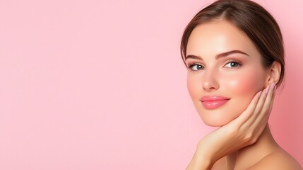 Naklejka premium A young woman with a gentle smile poses gracefully, resting her hand on her face against a soft pink background, embodying beauty and confidence.