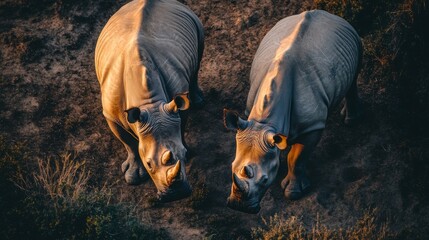 Aerial View of Two Rhinos Grazing on a Sandy Terrain Surrounded by Vegetation in Soft Golden Light During Sunset in Natural Habitat