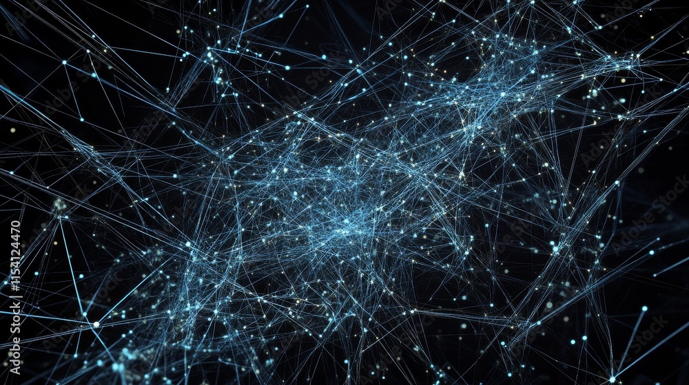 Poster complex network of glowing blue lines and nodes on a dark background showcasing connectivity and tec