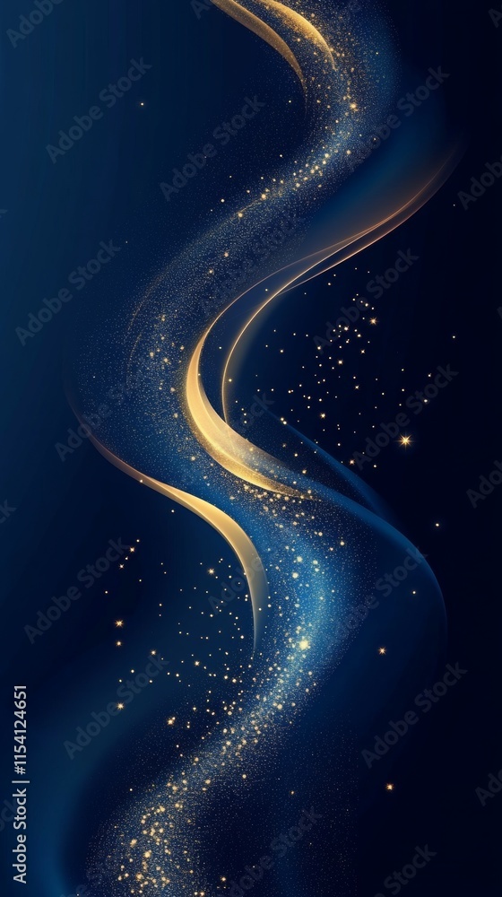 Poster abstract artistic design featuring flowing golden and blue waves with shimmering particles on a dark