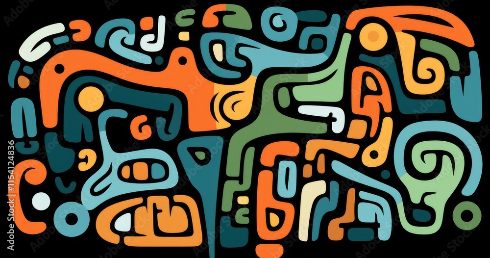 Poster abstract illustration featuring colorful, intertwined shapes and patterns.