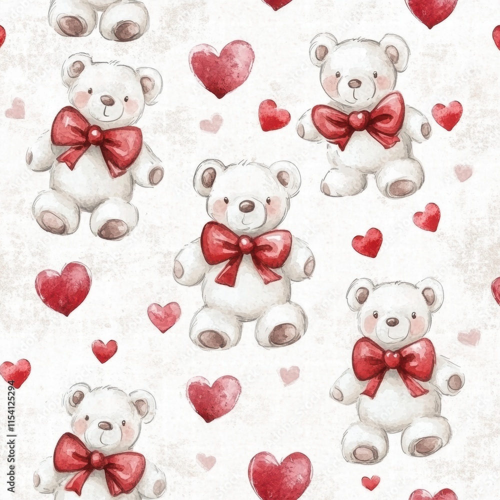 Poster cute teddy bears with red bows surrounded by hearts on a light background create a playful and roman