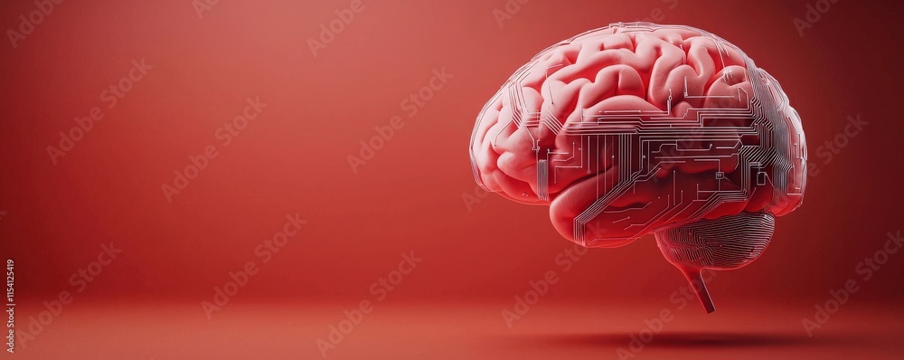 Poster future ready growth concept. a futuristic brain design with mechanical elements against a red backgr