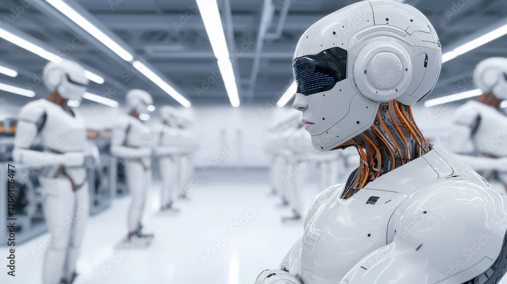 Poster future ready growth concept. robots in a futuristic lab, showcasing advanced technology and humanoid